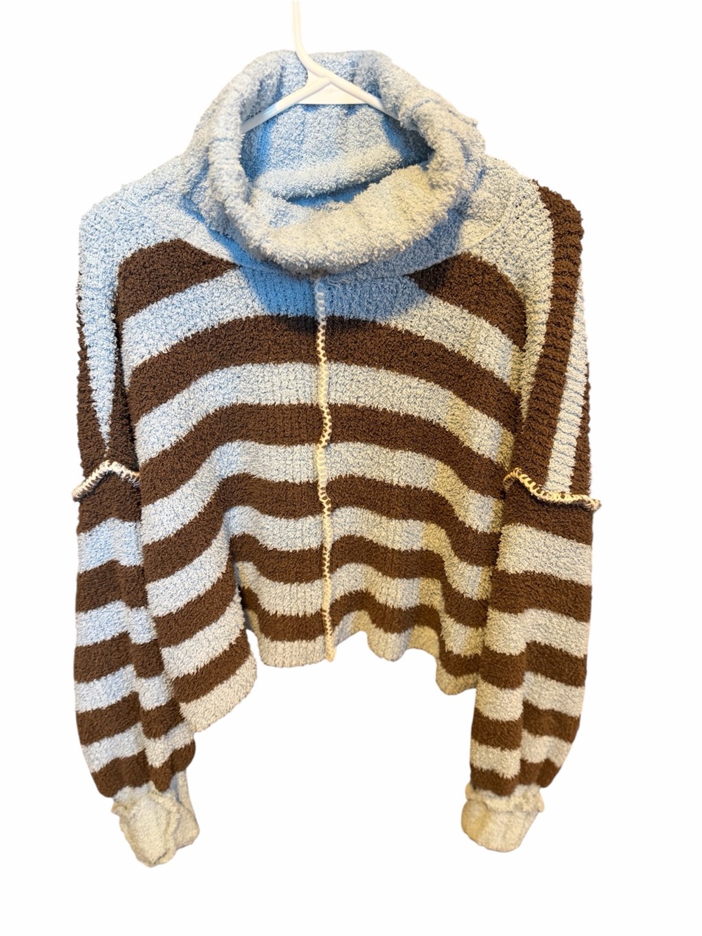 POL Cozy Striped Funnel Neck Cropped Sweater - Brown & Baby Blue